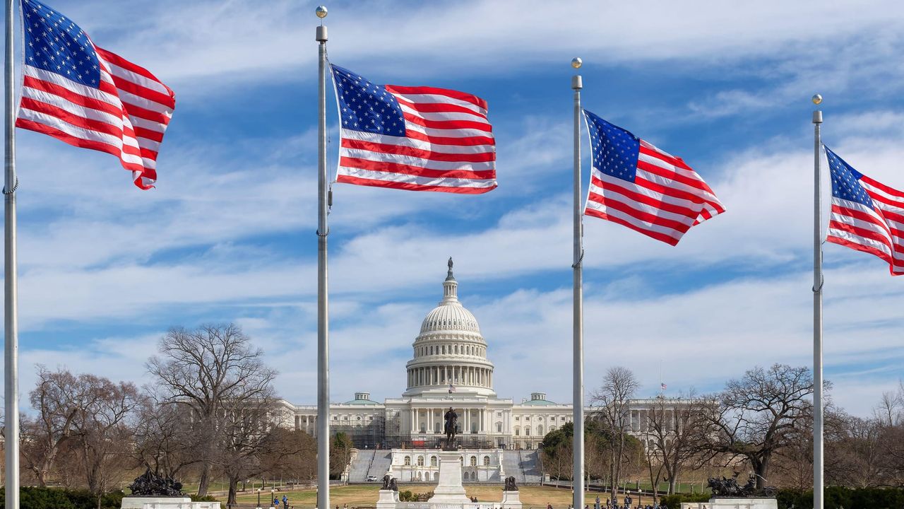 US Capitol Building with American flags in the foreground. 