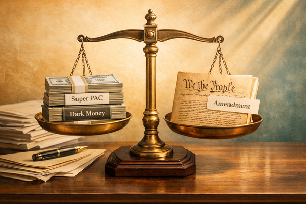 Brass balance scale weighing campaign cash labeled Super PAC and Dark Money against the U.S. Constitution amendment, symbolizing campaign finance reform.