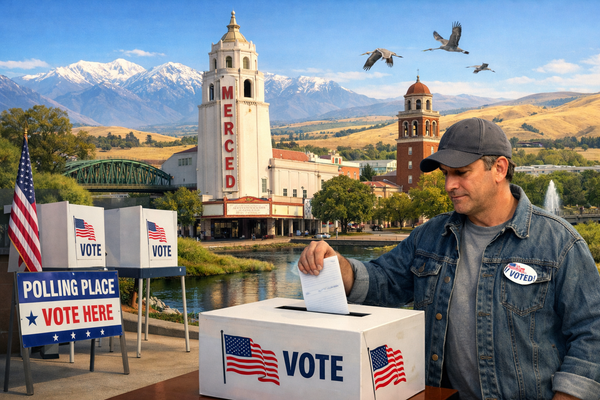 Illustration of an independent voter casting their ballot with recognizable Merced, California, landmarks in the background. 