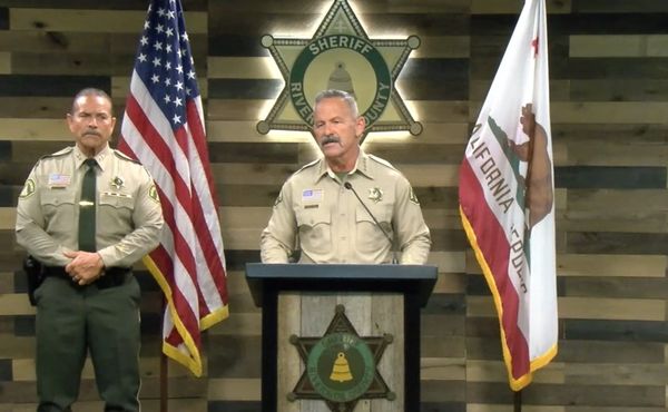 Screenshot of Riverside County Sheriff Chad Bianco during a press conference about the ballots seized by his department.