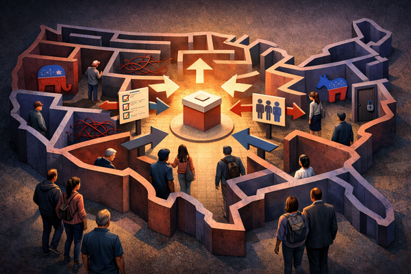 Illustration of independent voters navigating the U.S. election system maze representing election reform, open primaries, ranked choice voting, and voter choice.