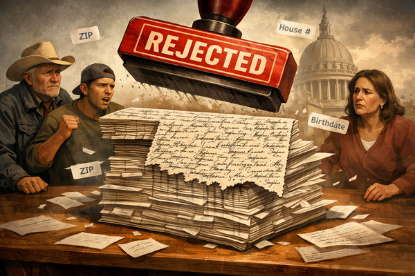 Illustration of Oklahoma ballot initiative petitions being stamped rejected.