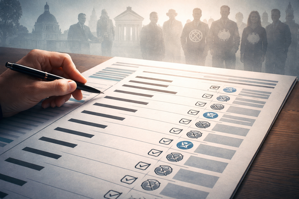 Close-up of a primary election ballot featuring endorsement symbols, illustrating the debate over on-ballot endorsements and voter information reform in local elections.