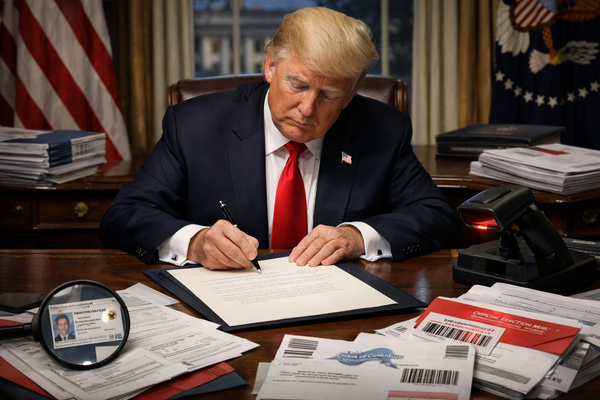 Donald Trump signing an executive order with voter registration documents, a passport, and mail ballot tracking materials on a presidential desk.