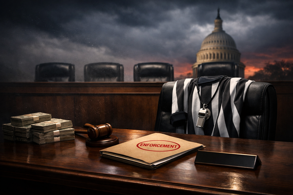 Empty Federal Election Commission hearing room symbolizing FEC shutdown during 2026 midterms as Trump nominates new commissioners amid campaign finance oversight crisis.