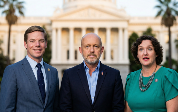 Image depicting California governor candidates Eric Swalwell, Steve Hilton, and Katie Porter in front of the state capitol building.