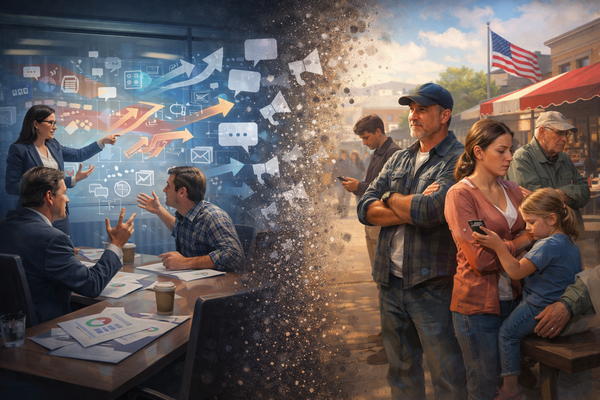 Editorial illustration showing democracy reform advocates in a strategy meeting separated from everyday voters, symbolizing the messaging gap in election reform.