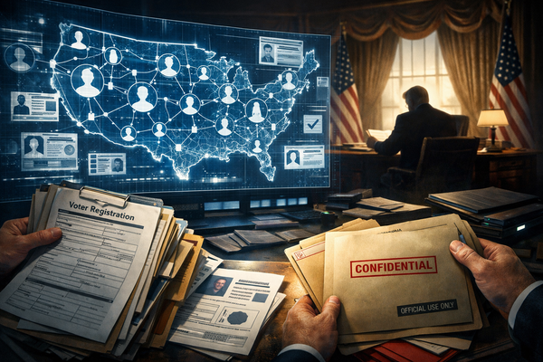 Illustration of a Trump-era federal voter list concept showing a national voter database, voter registration files, and a digital US map linked to election data.