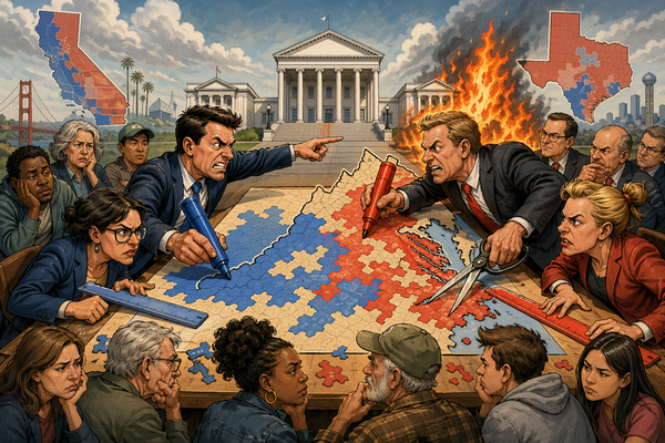 Editorial cartoon showing Democrats and Republicans battling over Virginia’s congressional map in a partisan redistricting fight as voters look on skeptically.