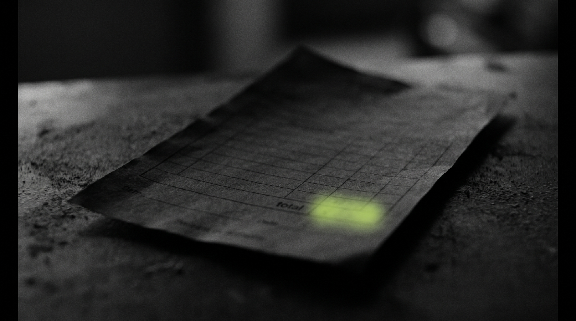 Factura de papel casi en blanco sobre fondo oscuro con el importe brillando en verde, metáfora del coste del desorden que nunca se factura