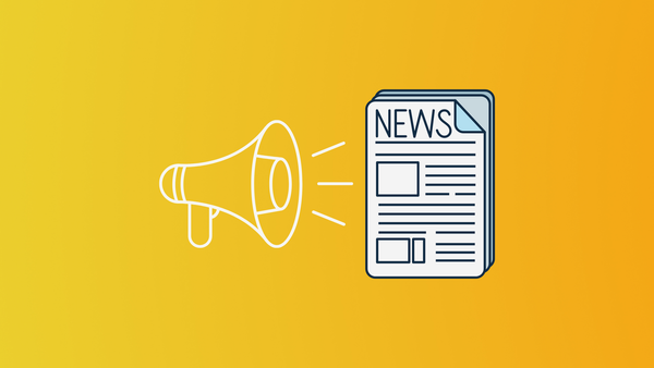 Drawing of a white megaphone with sound waves next to a drawing of a newspaper.