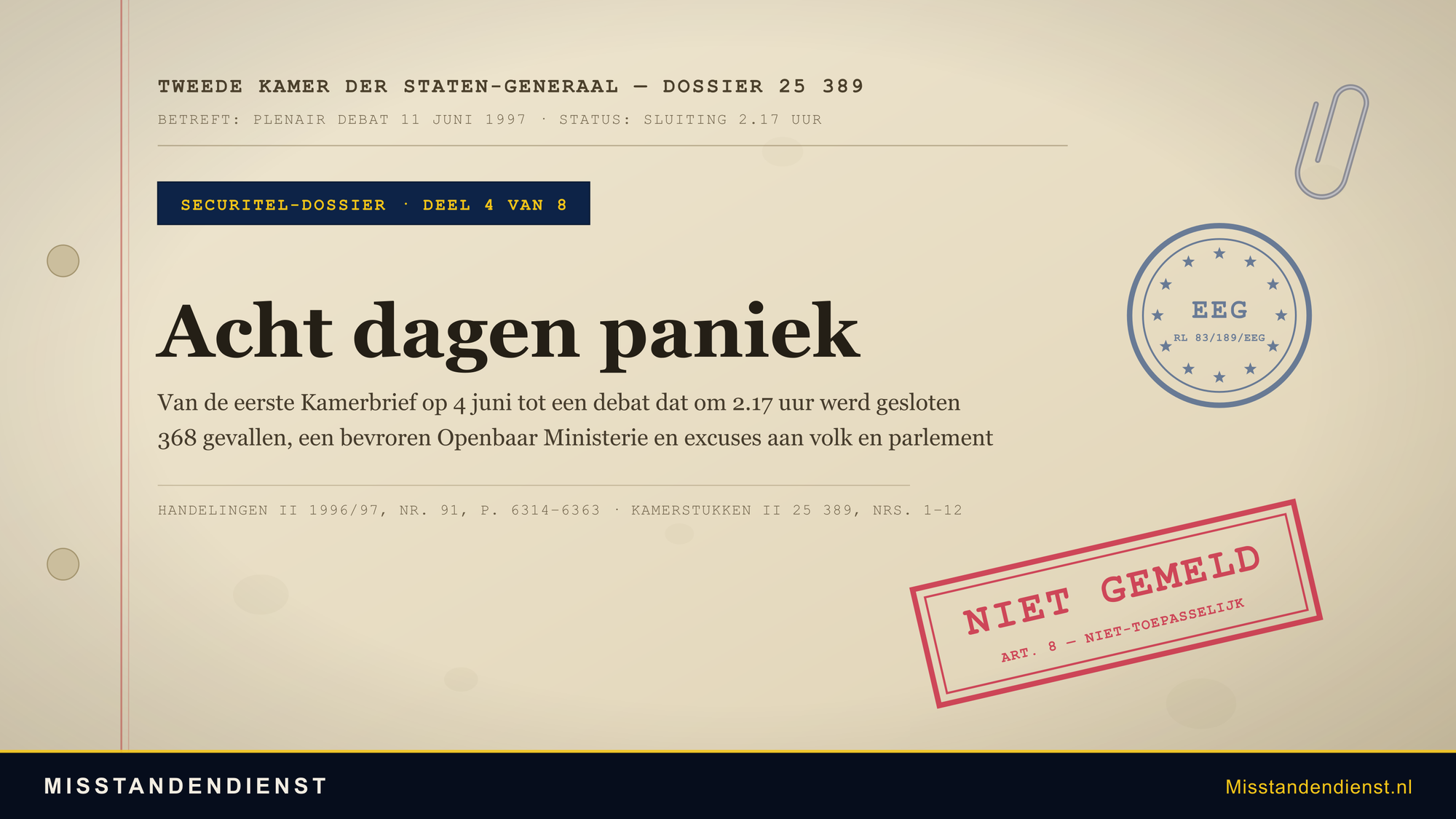 Archiefdossier-omslag: Tweede Kamer dossier 25 389, deel 4 van 8, met EEG-stempel en rode stempel NIET GEMELD