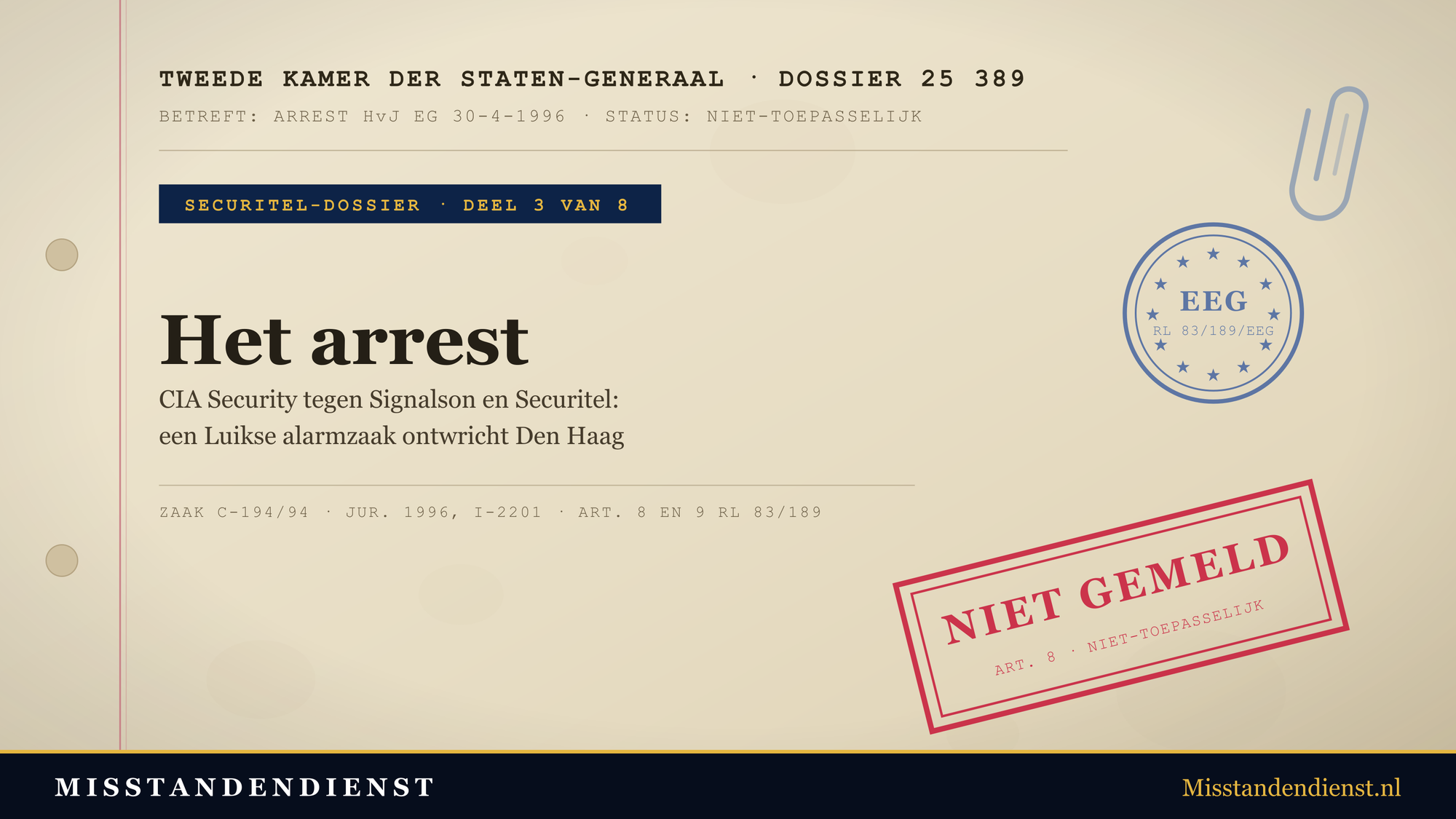 Archiefdossier-omslag: Tweede Kamer dossier 25 389, Securitel-dossier deel 3 van 8, 'Het arrest'