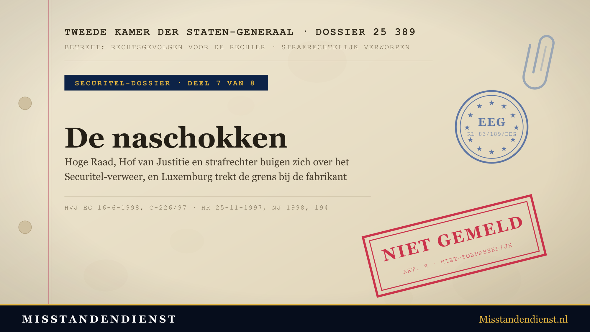 Archiefdossier-omslag: Tweede Kamer dossier 25 389, Securitel-dossier deel 7 van 8, 'De naschokken'
