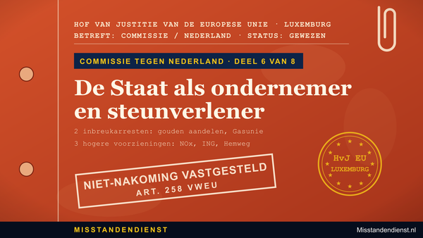 Oranje-rode dossieromslag: Commissie tegen Nederland 6/8, ‘De Staat als ondernemer en steunverlener’; 2 inbreukarresten: gouden aandelen, Gasunie; 3 hogere voorzieningen: NOx, ING, Hemweg.
