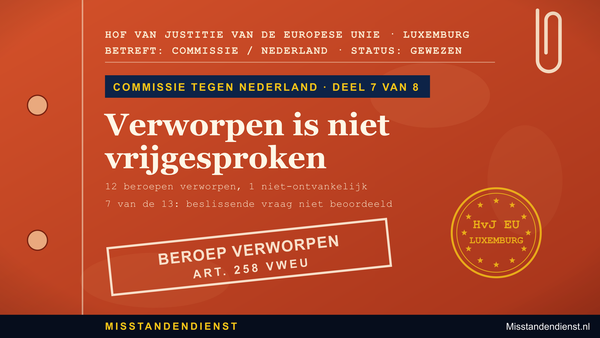 Oranjerode dossieromslag: Commissie tegen Nederland 7/8, ‘Verworpen is niet vrijgesproken’, 12 beroepen verworpen, 1 niet-ontvankelijk; 7 van de 13: beslissende vraag niet beoordeeld.