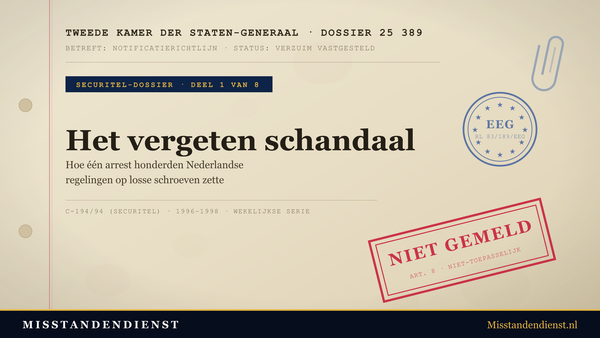 Archiefdossier-omslag: Tweede Kamer dossier 25 389, Securitel-dossier deel 1 van 8, 'Het vergeten schandaal'