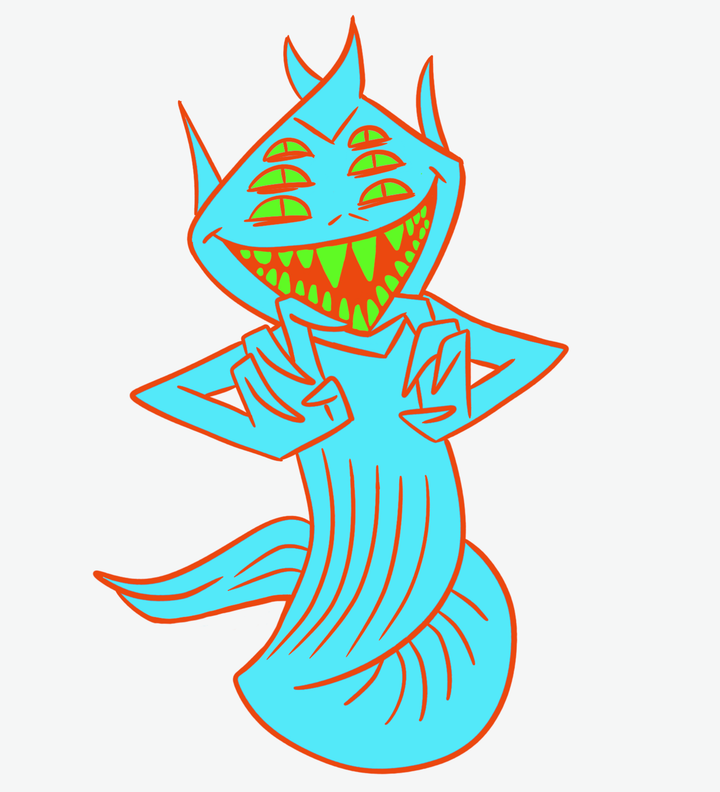 Pod, a blue monster with six green eyes and many teeth and a mischievous and menacing grin