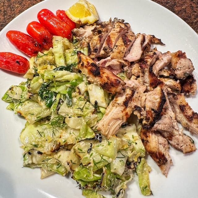 RECIPE: Grilled Cabbage with Tahini-Yogurt Sauce and Marinated Chicken Thighs