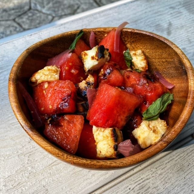 RECIPE: Watermelon Salad with Tomato Confit and Grilled Halloumi