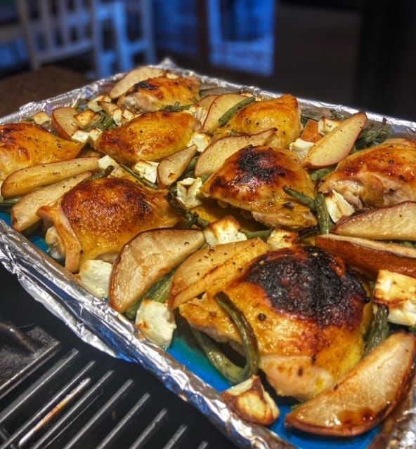 RECIPE: Sheet-Pan Chicken Thighs with Pears, Green Beans, Feta and Honey
