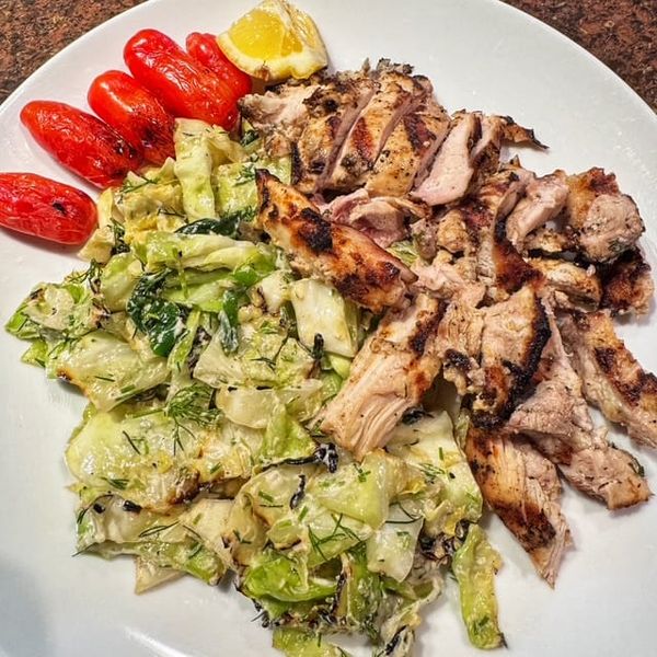 RECIPE: Grilled Cabbage with Tahini-Yogurt Sauce and Marinated Chicken Thighs