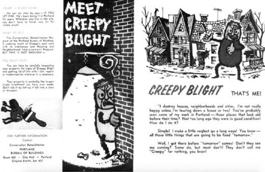A black-and-white brochure featuring a cartoonish character named "Blight."