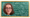 Katrina is wearing rectangular glasses and has long brown hair. The chalkboard background is green with a wooden frame. The equations are in white.