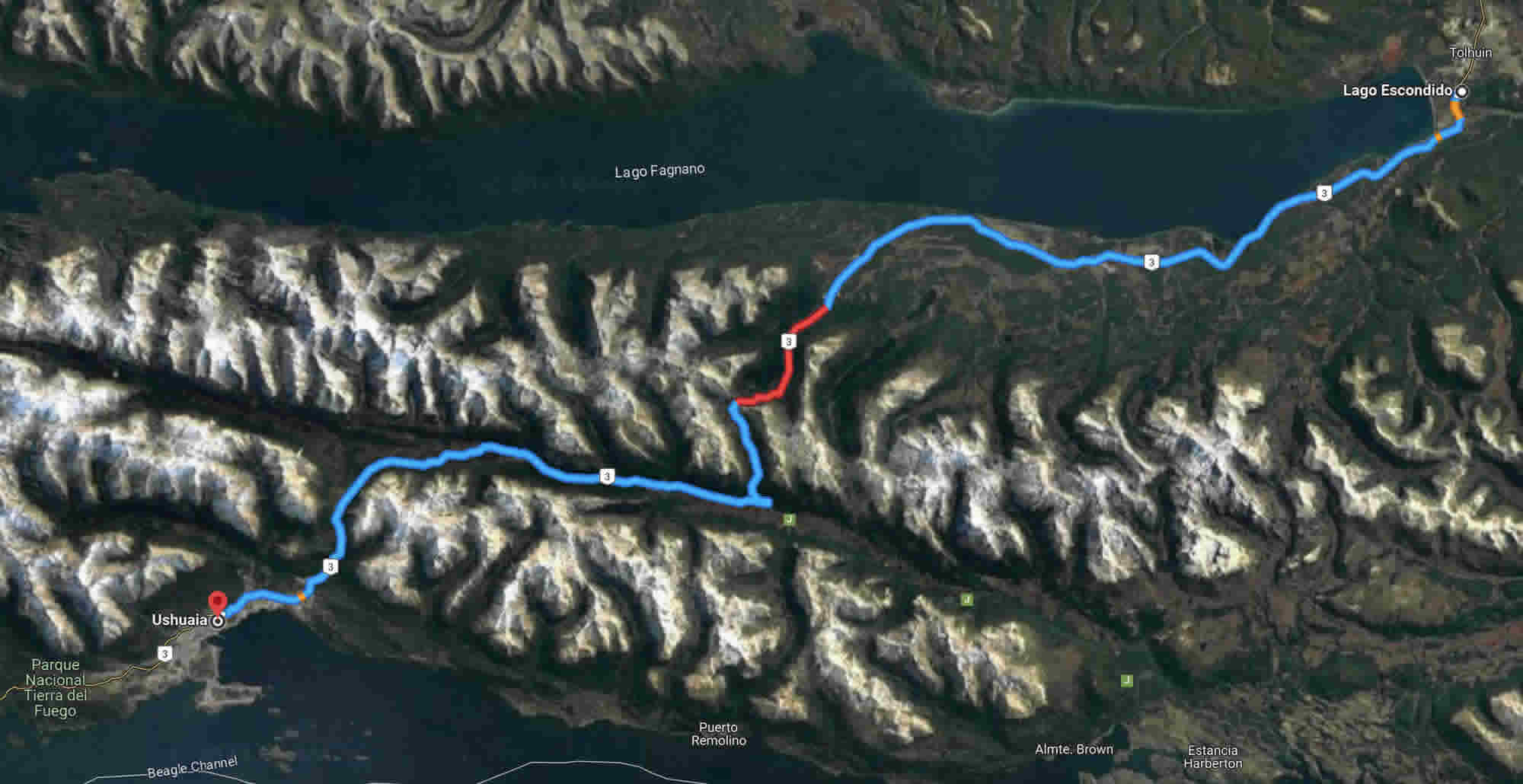 Google map of the road over the foot of the Andes from Lago Escondida to Ushuaia&nbsp;&nbsp; 