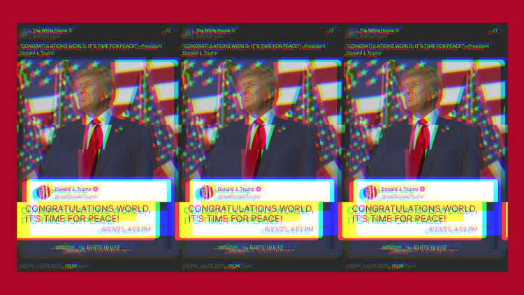 “CONGRATULATIONS WORLD, IT’S TIME FOR PEACE!” via the @ realDonaldTrump in a suit with a lot of orange foundation stands in front of 4 American Flags. Glitched post repeated 3 times