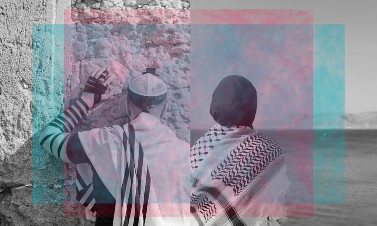 "Black and white diptych: left, a person in a prayer shawl and kippah prays at the Western Wall; right, a person in a headscarf and keffiyeh gazes at the sea and mountains."