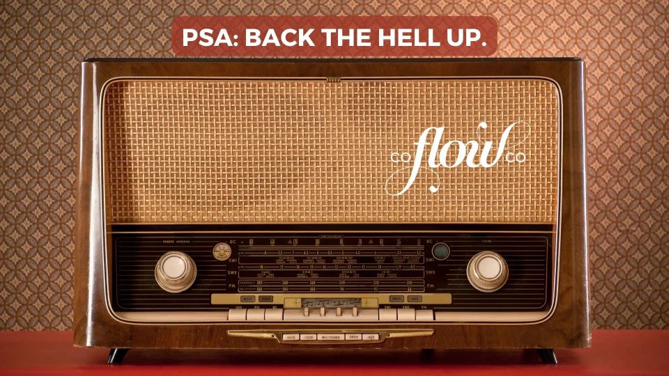 Old radio from the 70s with white type on rust red background. “PSA Back the hell up”