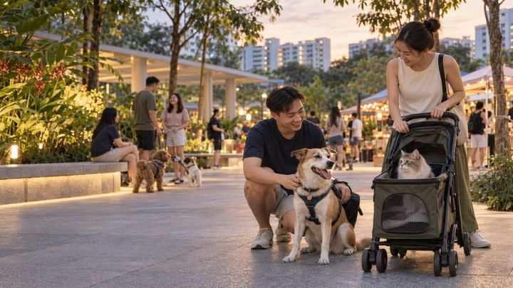 Singapore pet parents with a dog and a cat in a secure stroller at an evening community pet event