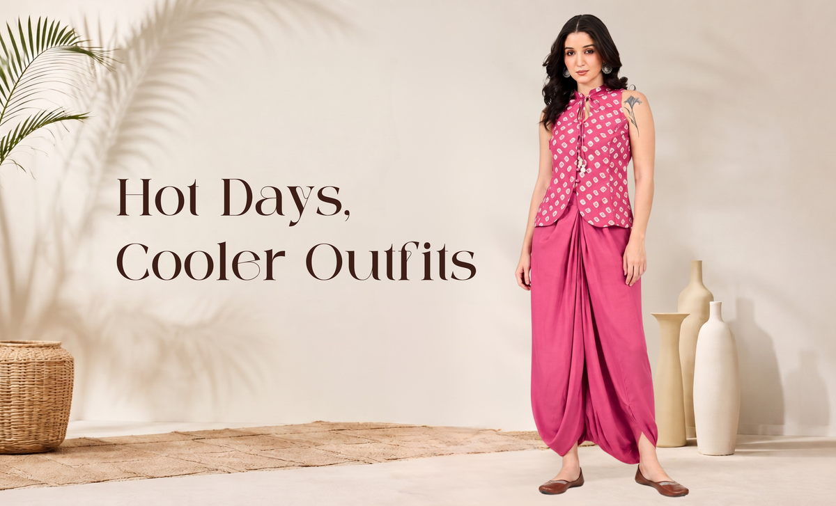 Woman in a Indo-Western outfit with minimal accessories, styled for a summer look.