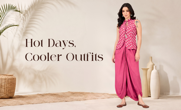 Woman in a Indo-Western outfit with minimal accessories, styled for a summer look.