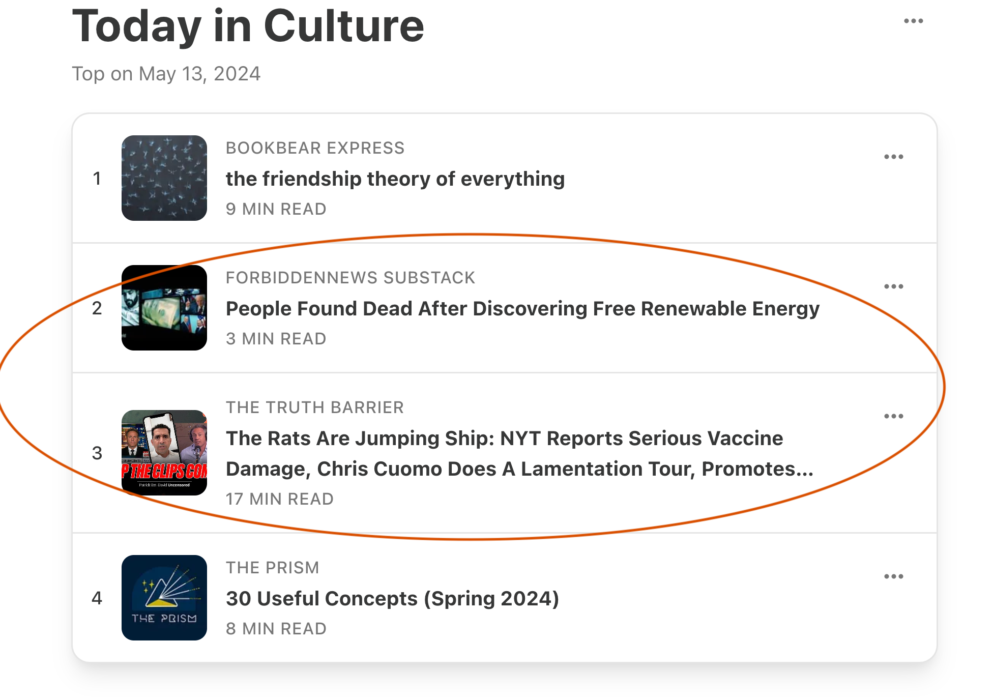 A screenshot featuring a list of titles from Substack newsletters.