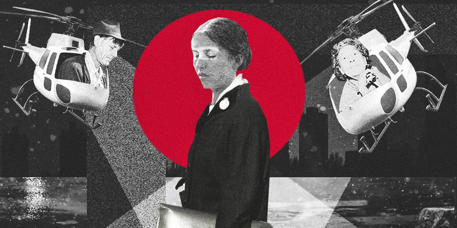 Коллаж, иллюстрирующий то, как выглядит гиперопека: родители на вертолете преследуют их повзрослевшего ребенка
