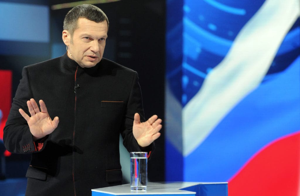 Solovyov moderating the debate between Vladimir Zhirinovsky and Mikhail Prokhorov ahead of 2012 presidential election.
