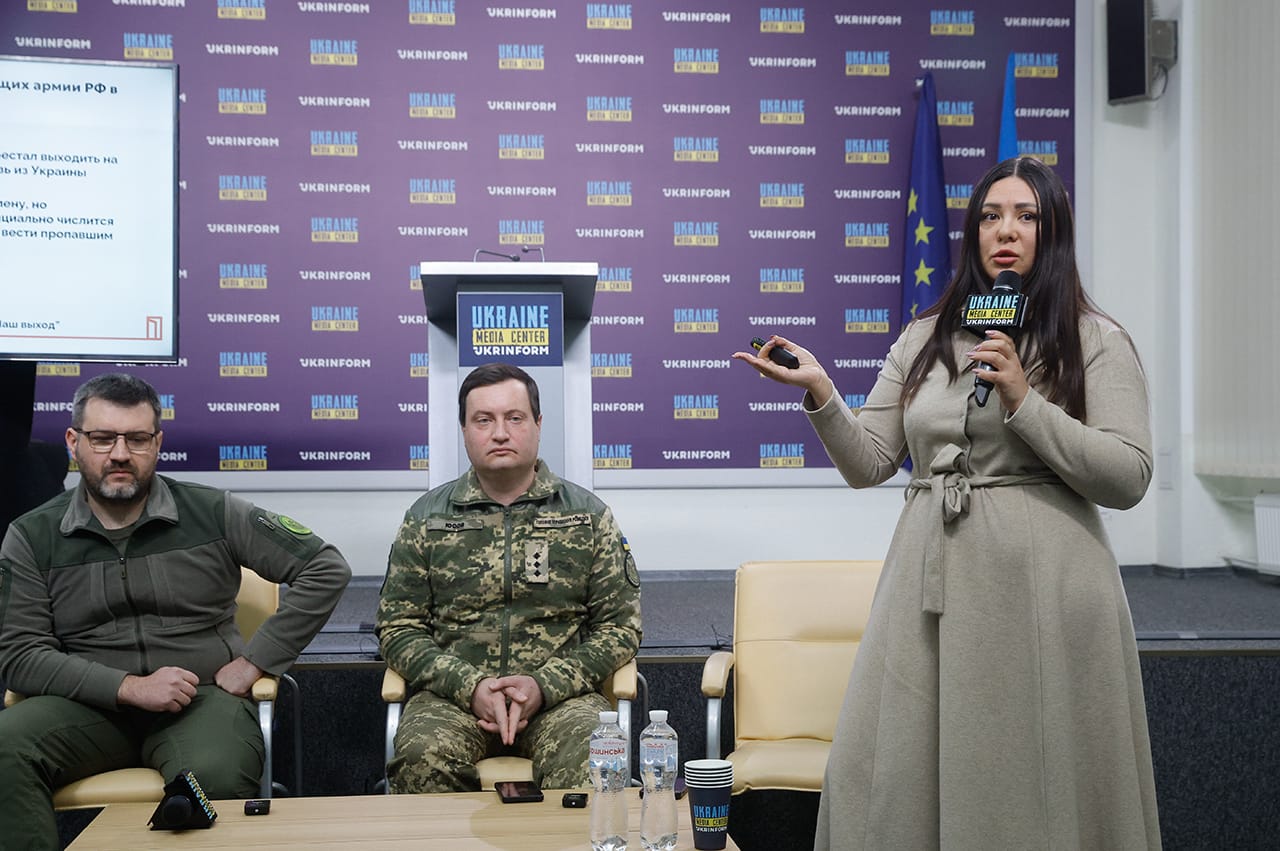 Ирина Крынина на&nbsp;пресс-конференции проекта «Хочу найти» в&nbsp;Киеве, 10&nbsp;января 2024 года. Фото: Сергей Долженко / EPA / Scanpix