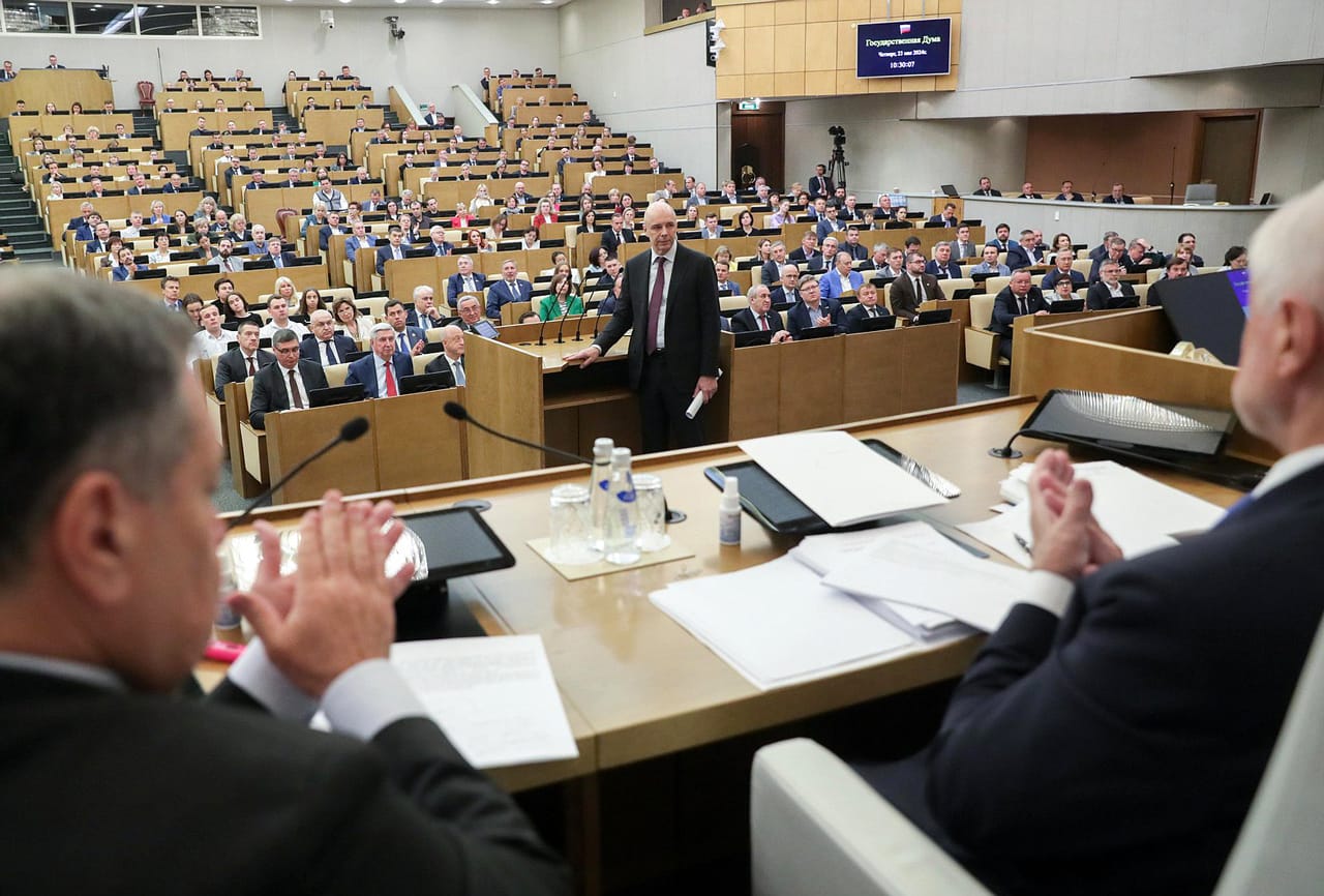 Министр финансов РФ Антон Силуанов на парламентских слушаниях «по вопросам совершенствования налогового законодательства» в Госдуме, 23 мая 2024 года.