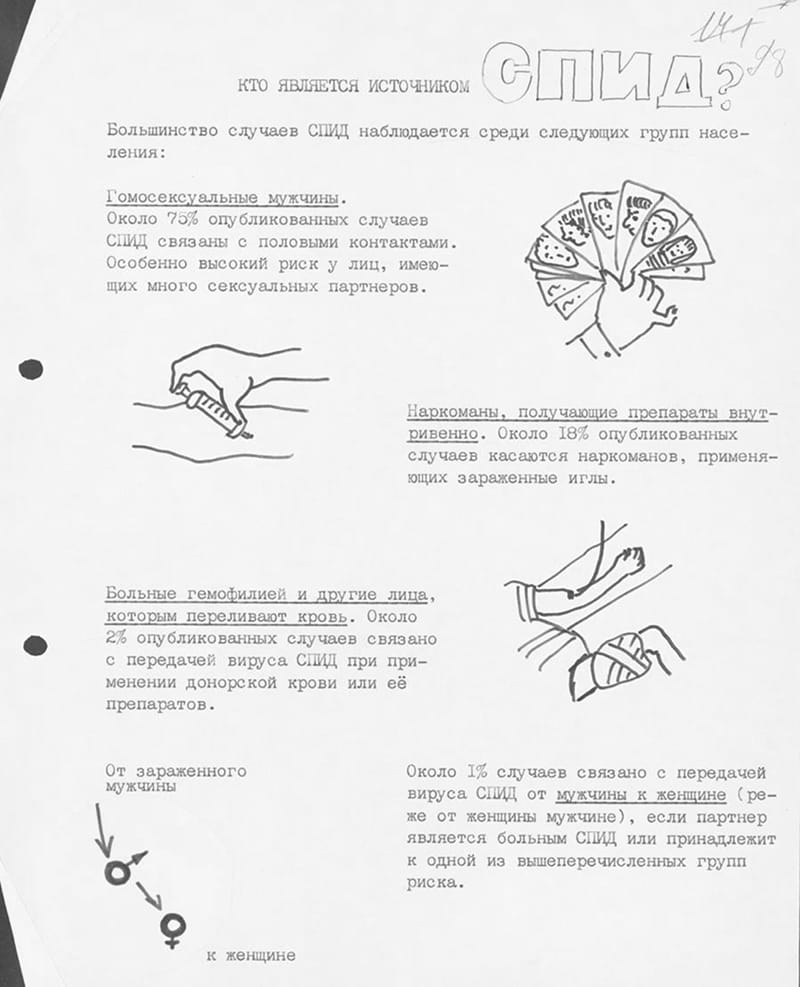 Фрагмент брошюры-памятки про СПИД, отправленной на утверждение П. Бургасову, главному санитарному врачу в СССР, в 1986 году