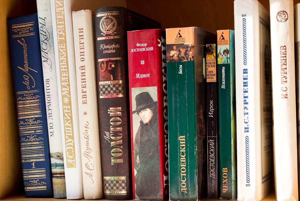 Книги русских классиков на полке библиотеки