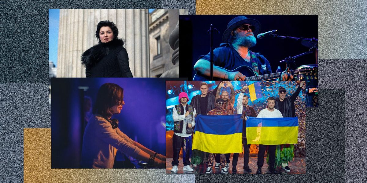 Коллаж. Украинские музыканты на сцене с флагами, Борис Гребенщиков на концерте