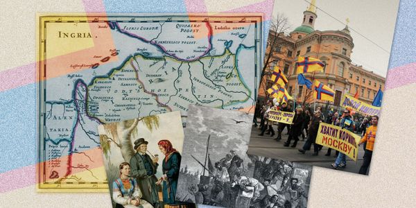 Коллаж: Ингрия на карте, протесты в Петербурге с гербом Ингрии