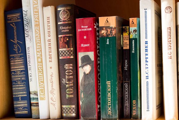 Книги русских классиков на полке библиотеки