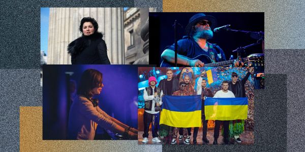 Коллаж. Украинские музыканты на сцене с флагами, Борис Гребенщиков на концерте