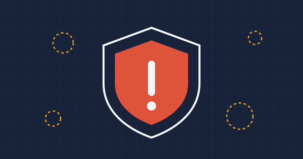 A red shield with a warning mark, surrounded by dashed circles