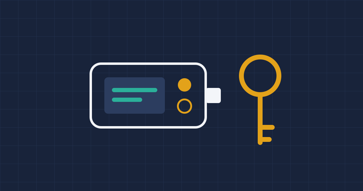 A hardware wallet device next to a gold key