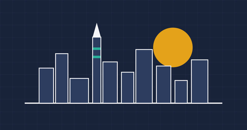 A city skyline with a tall spire under a gold sun