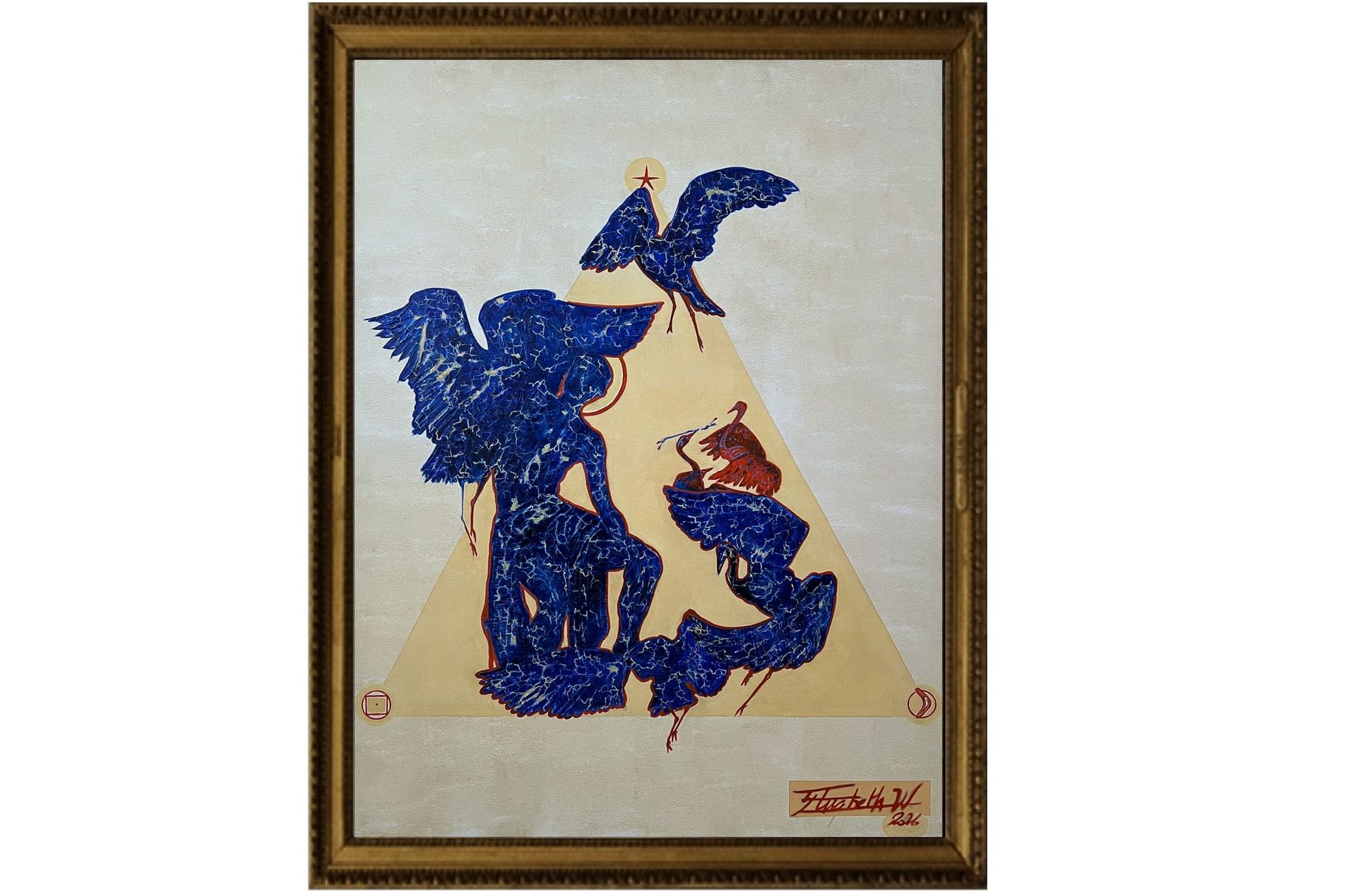 Symbolic painting Abundance by Elisabeth W featuring six blue and red cranes intertwined with a human figure inside a golden triangle, with geometric symbols.